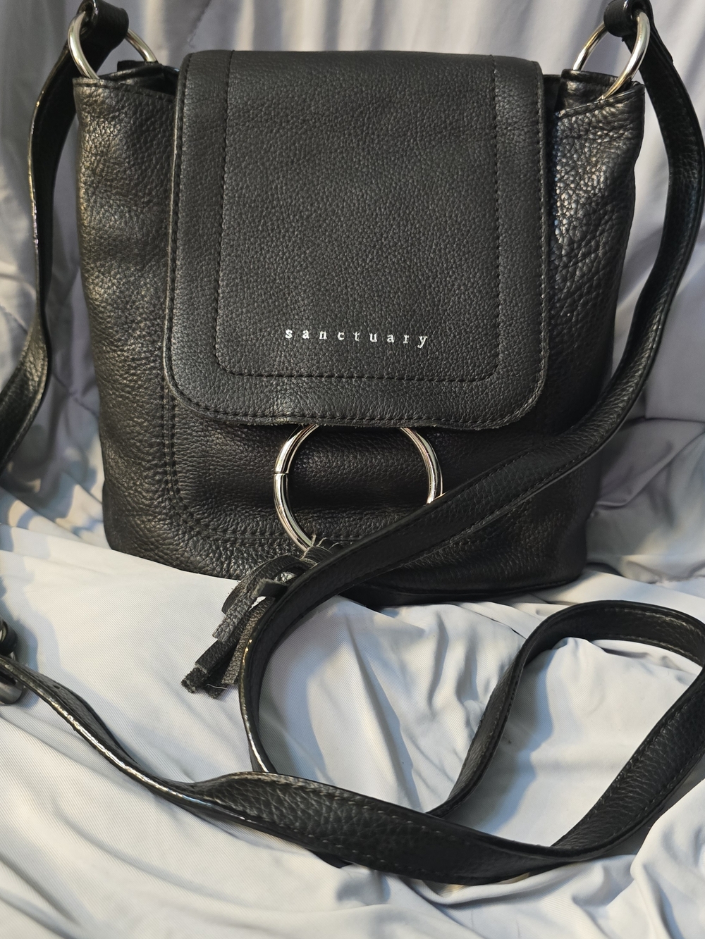 Sanctuary Black Pebbled Leather Flap Crossbody Bag - Silver Hardware EUC